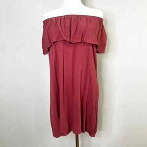POETRY Off The Shoulder Ruffle Gauze Mini Dress Pink Red Textured Smocked XS?